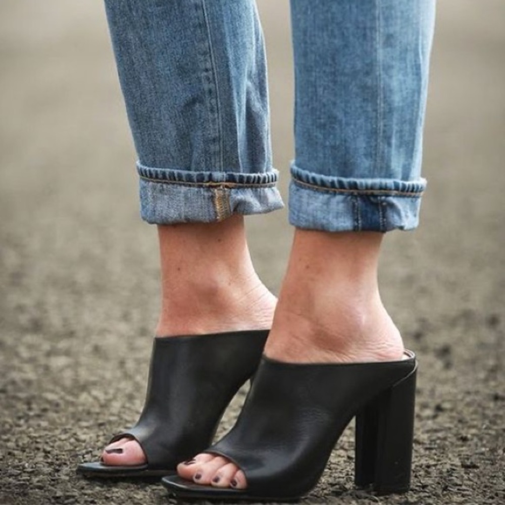 Black Leather Open-Toe Mules